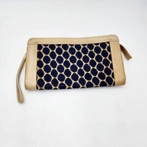 Vintage 1960s RUTH E SALTZ Beige Leather And Navy Polka Dot Fabric Clutch Purse